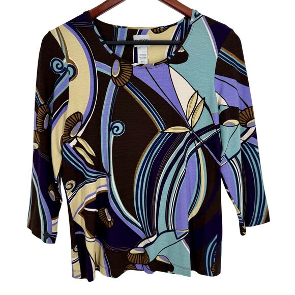 Chicos Sz MEDIUM 1 Stretchy Black Purple 3/4 Sleeve Blouse Shirt Top Abstract - Picture 1 of 7